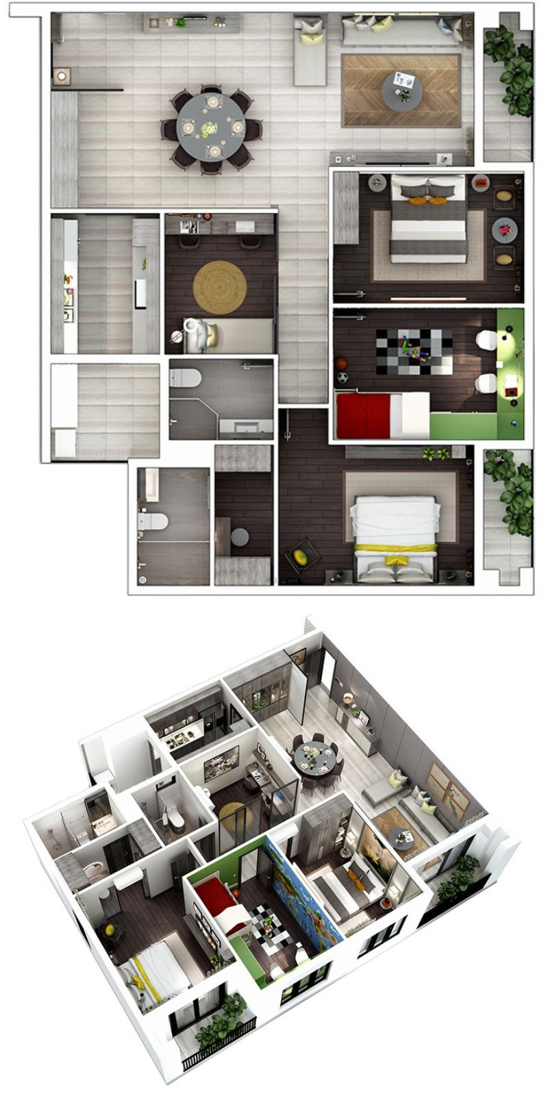 Layout căn hộ 3 phòng ngủ 134m² dự án Hà Đô Centrosa Garden