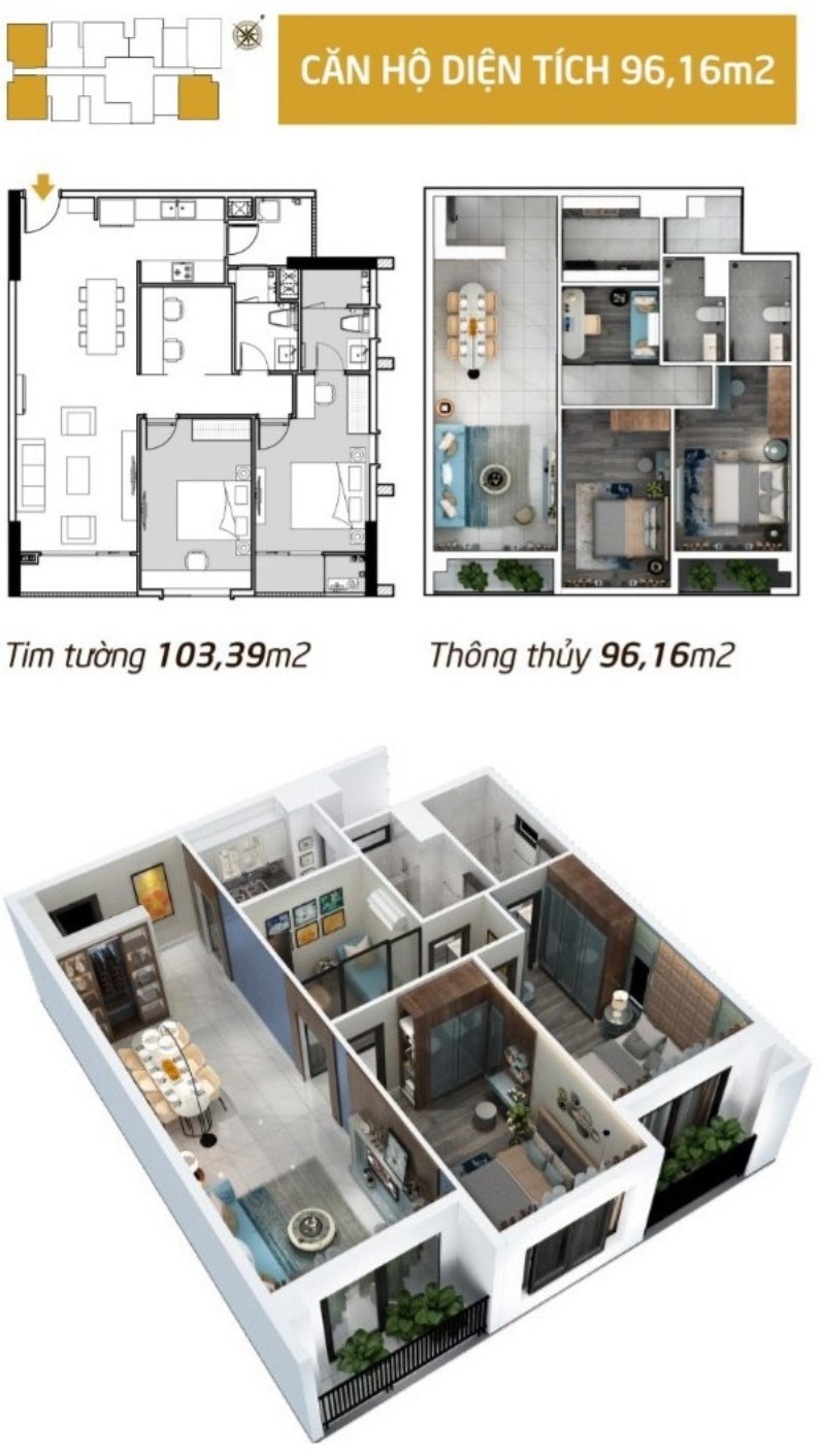 Layout căn hộ 2 phòng ngủ diện tích thông thủy 96m² dự án Hà Đô Centrosa Garden
