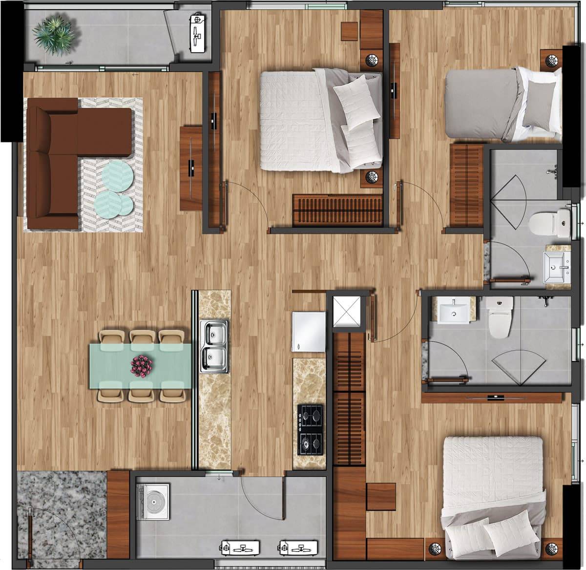 Layout căn hộ 3PN2WC diện tích 100,11 m² Akari City Giai đoạn 1