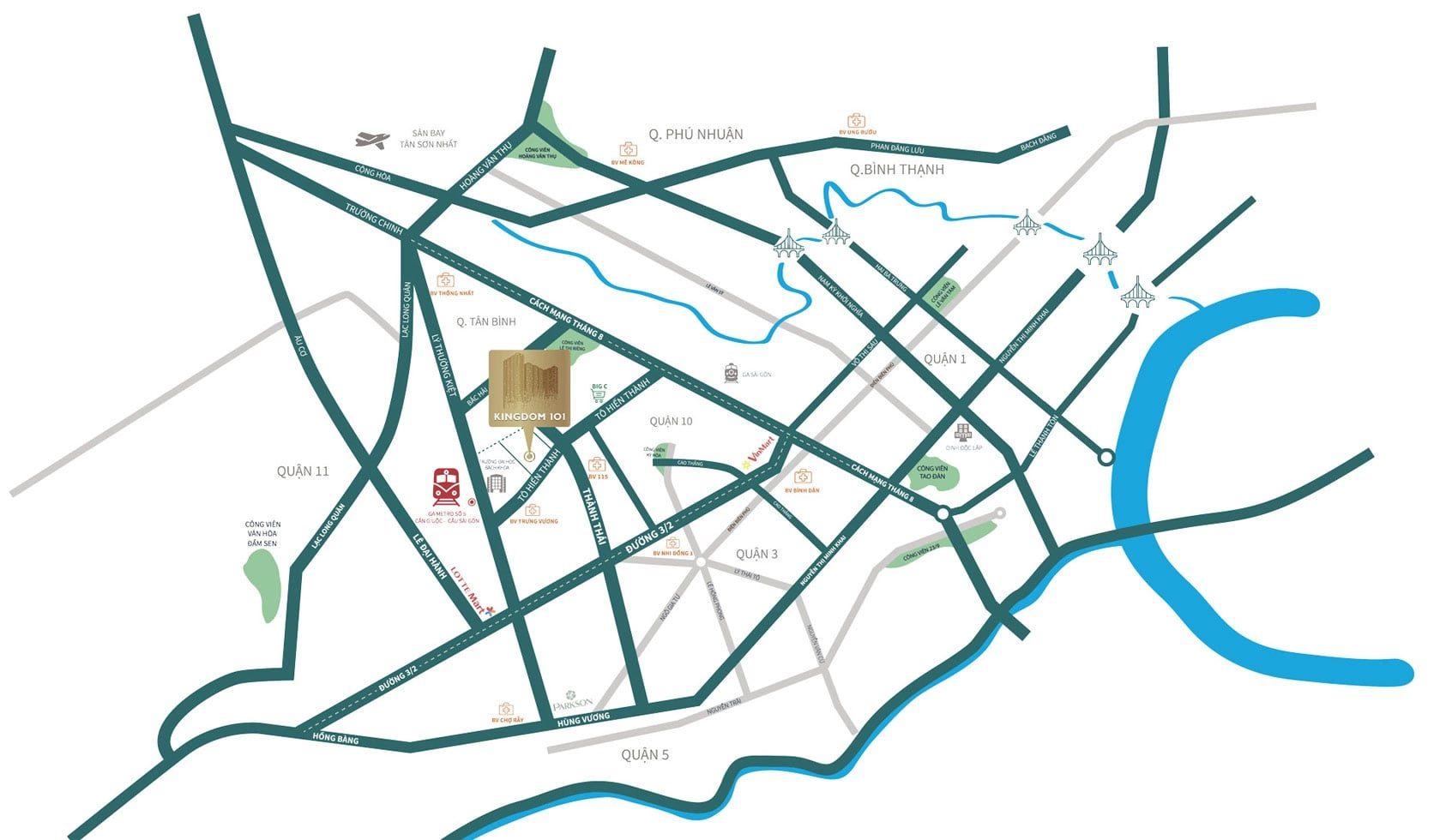 Sơ đồ vị tr&iacute; kết nối dự &aacute;n Kingdom 101 T&ocirc; Hiến Th&agrave;nh với c&aacute;c trục đường giao th&ocirc;ng xung quanh