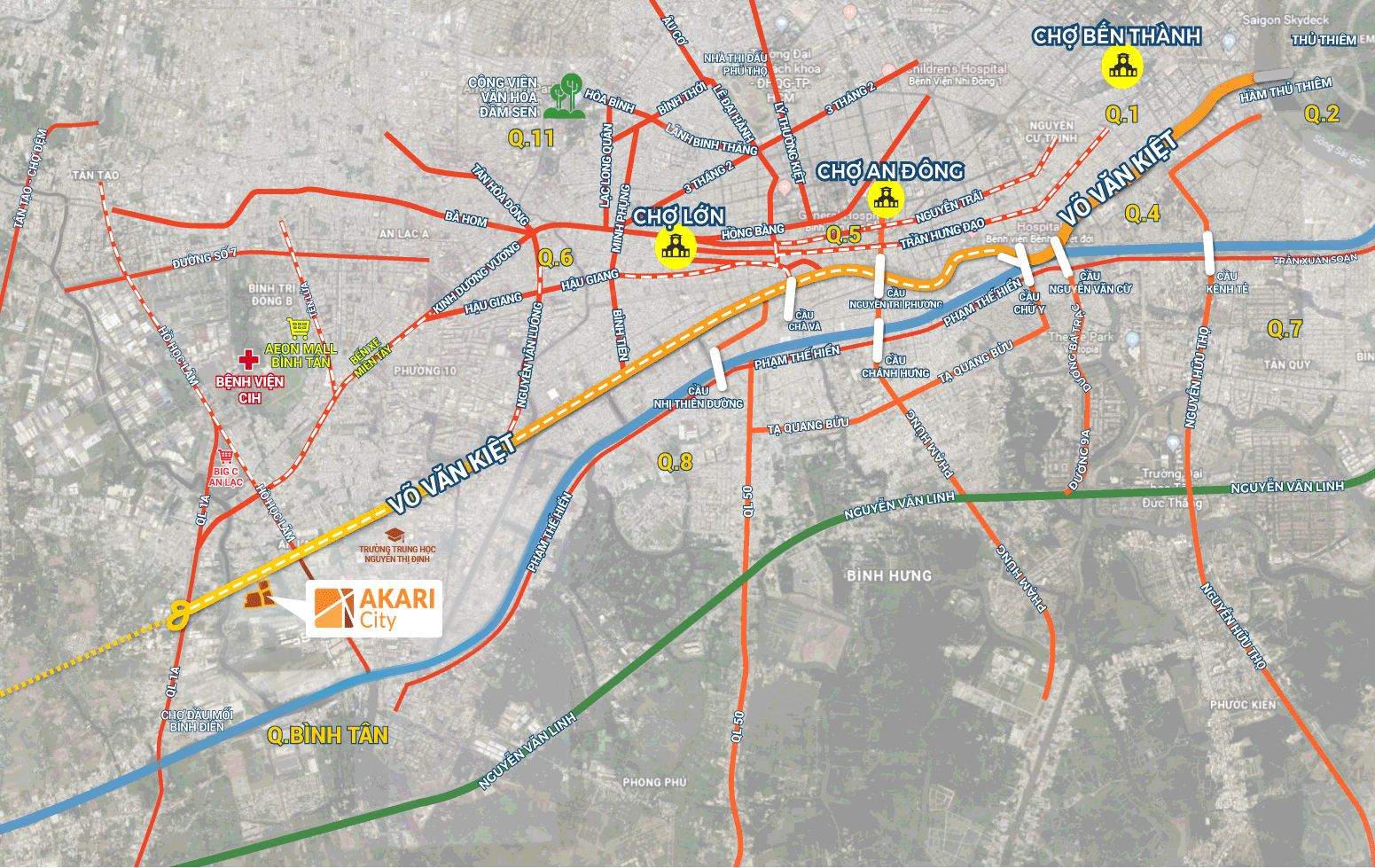 Bản đồ vị tr&iacute; v&agrave; kết nối v&ugrave;ng dự &aacute;n Akari City B&igrave;nh T&acirc;n với c&aacute;c tuyến giao th&ocirc;ng ch&iacute;nh