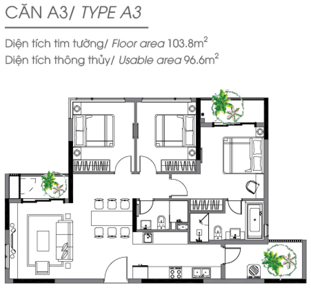 Layout căn hộ 3 phòng ngủ 103.8m² phân khu Diamond Alnata Celadon City