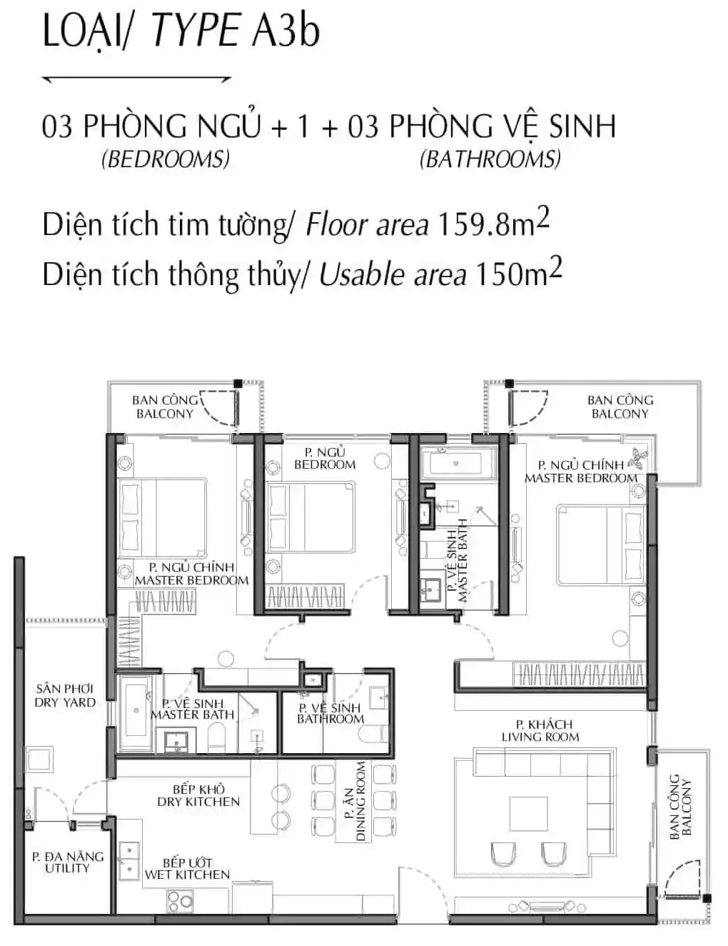 Layout căn hộ 3 phòng ngủ 159.8m²/ Type A3b khu Diamond Brilliant Celadon City
