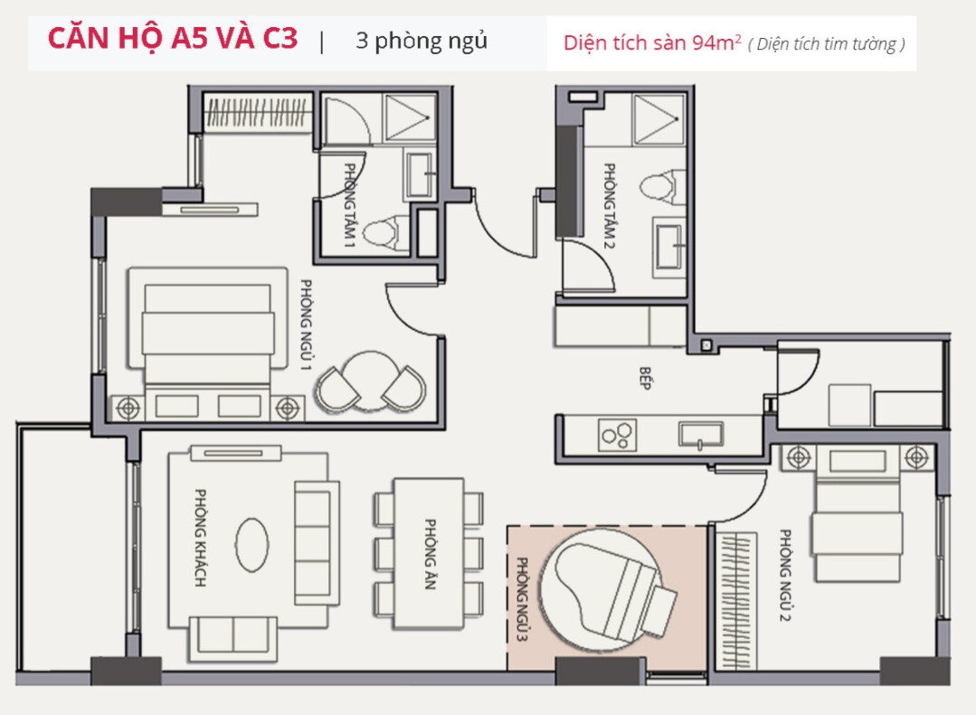 Layout căn hộ A5 & C3 - 2PN + 1, diện tích 94m² dự án Valéo Đầm Sen
