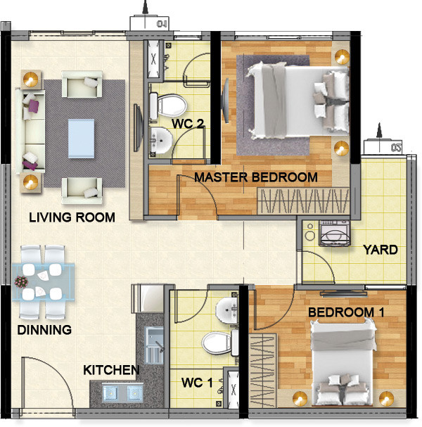 Layout căn hộ 2 phòng ngủ 67.4m² phân khu Emerald Celadon City
