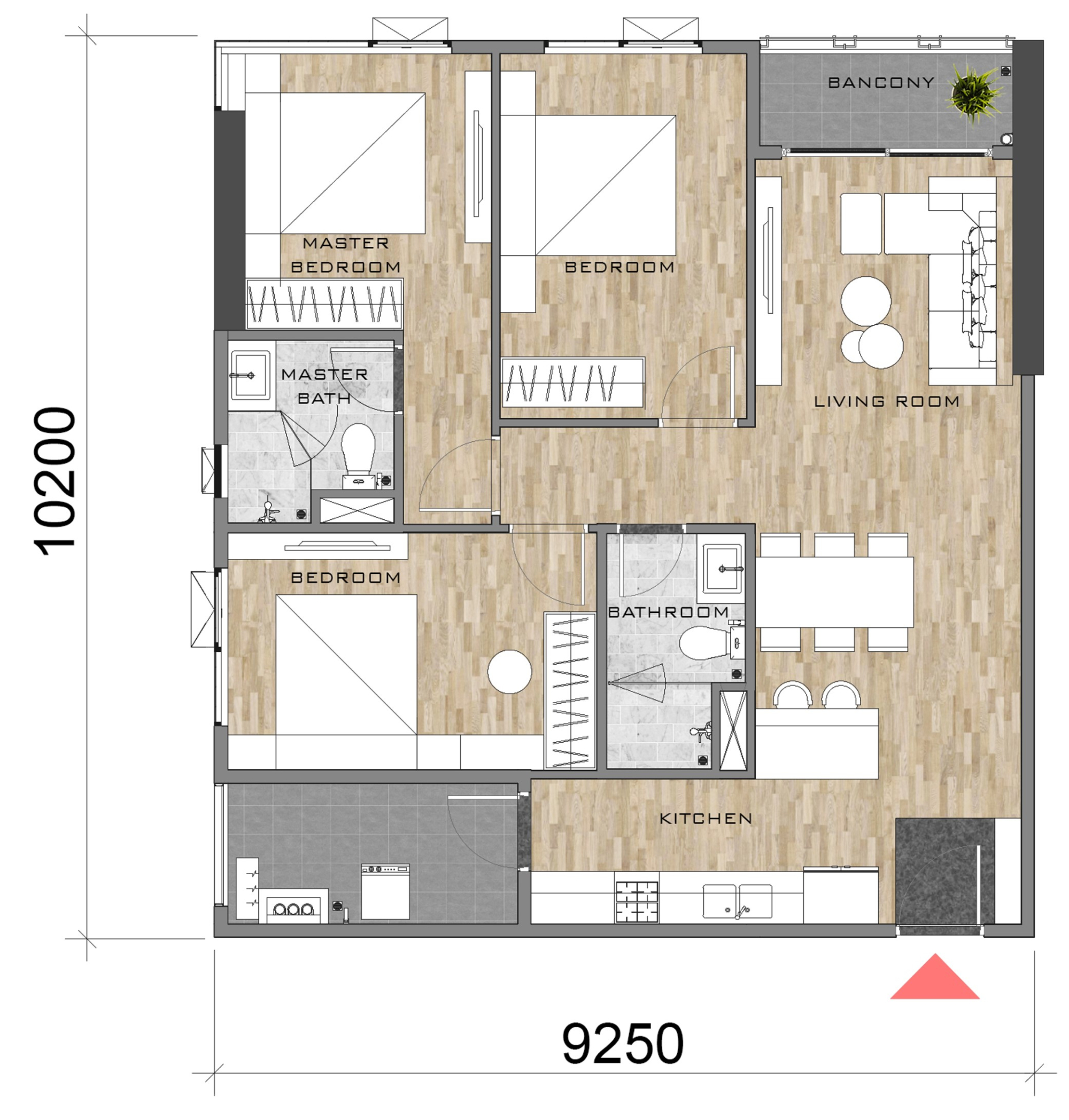 Layout căn hộ 3PN-2WC diện tích 93 m² Akari City Giai đoạn 2