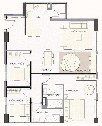 Layout căn hộ C1 - 3PN + 1, diện tích 102m² dự án Valéo Đầm Sen