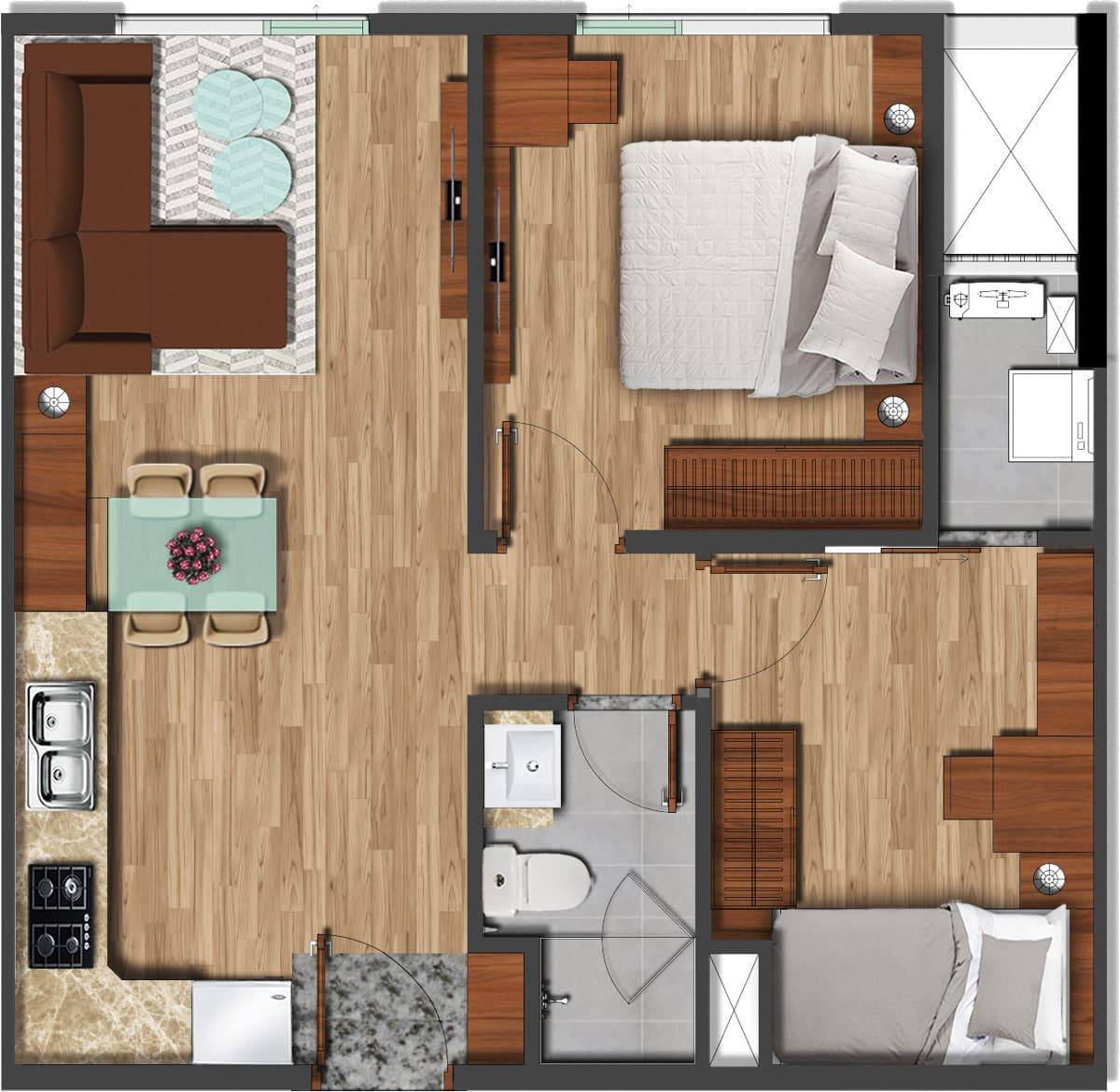 Layout căn hộ 1PN1WC diện tích 56 m² Akari City Giai đoạn 1