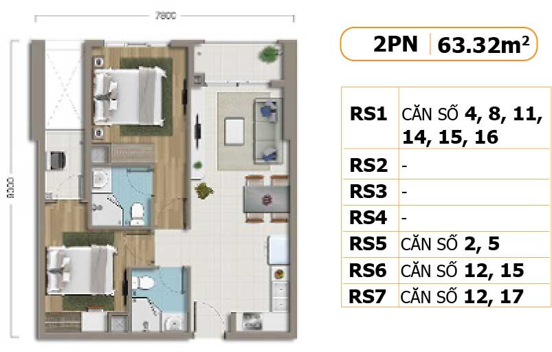 Layout căn hộ 2 phòng ngủ 63m2 dự án Richstar