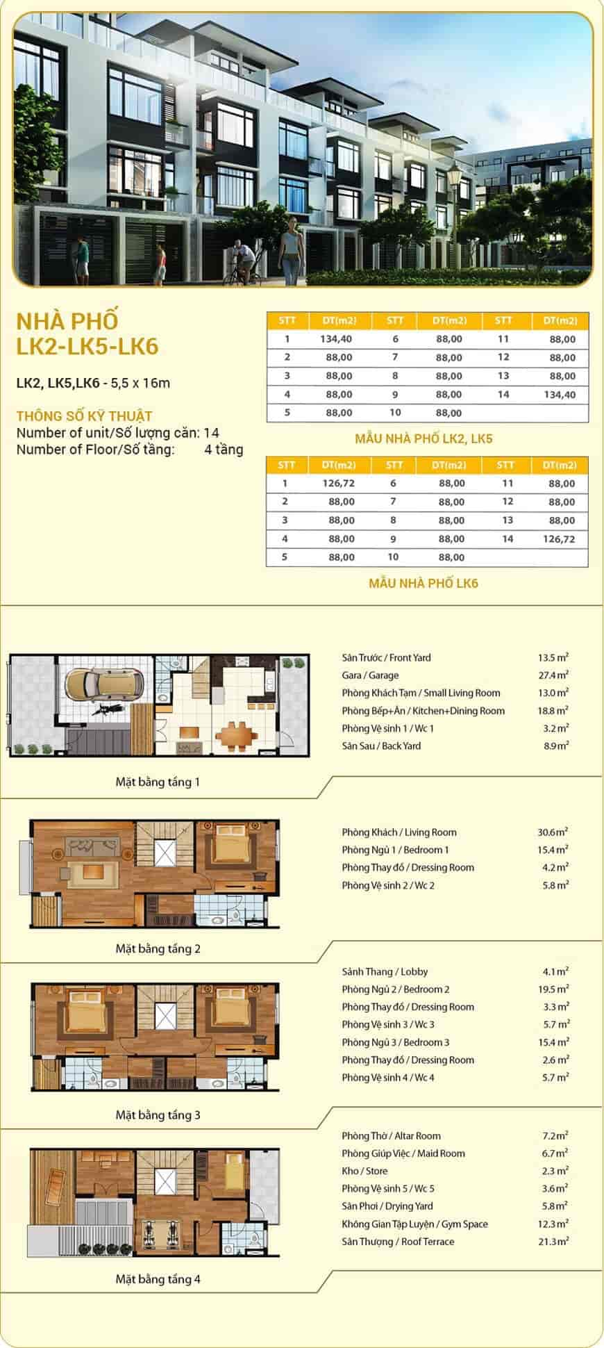 Thông số layout nhà phố Hà Đô Centrosa Garden loại LK2, LK5, LK6 (5,5x16m)