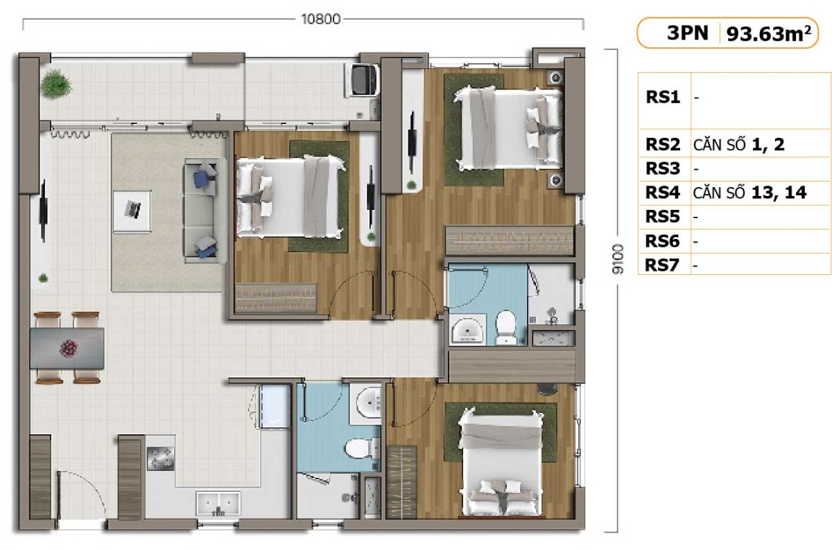Layout căn hộ 3 phòng ngủ 93.63m2 dự án Richstar