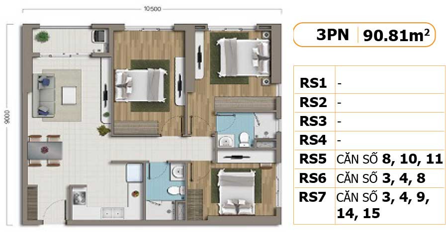 Layout căn hộ 3 phòng ngủ 91m2 dự án Richstar