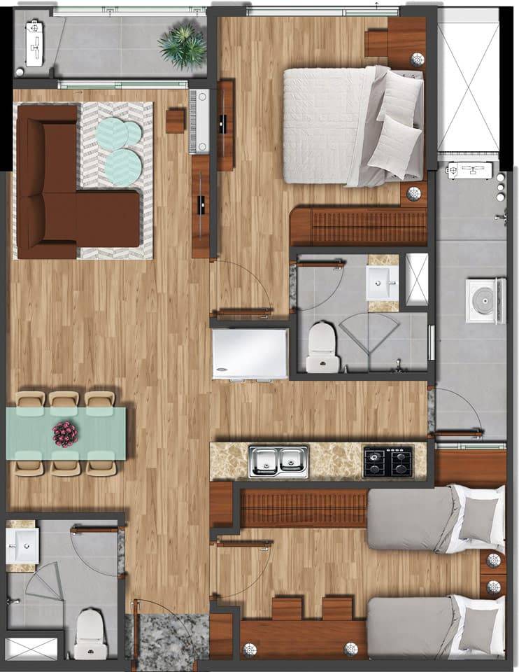 Layout căn hộ 2PN2WC diện tích 75,13 m² Akari City Giai đoạn 1
