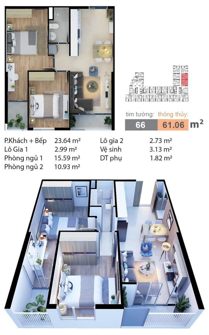 Layout căn hộ B5a - 2PN, diện tích 66m² dự án Carillon 7