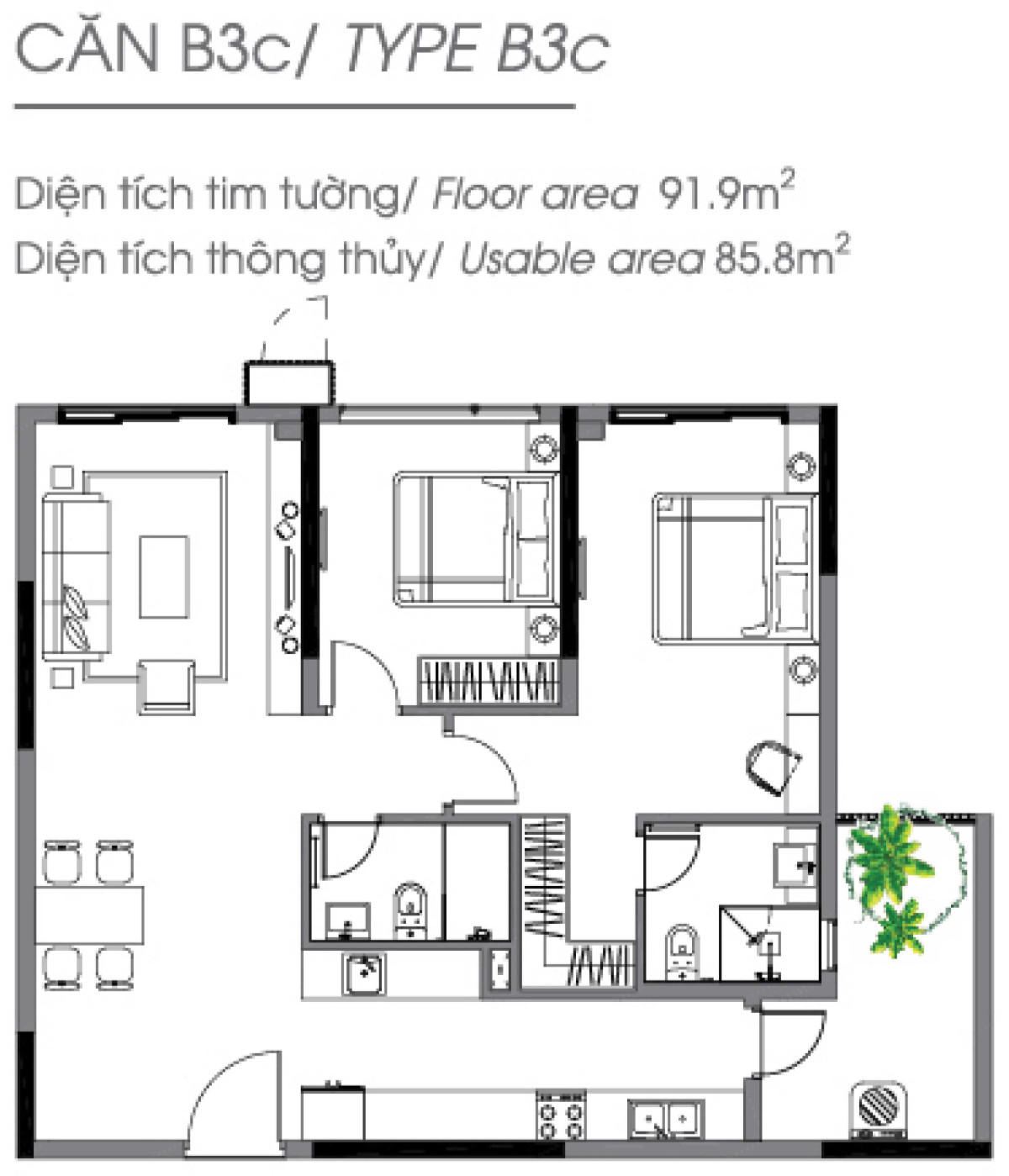 Layout căn hộ 2 phòng ngủ 91.9m² phân khu Diamond Alnata Celadon City