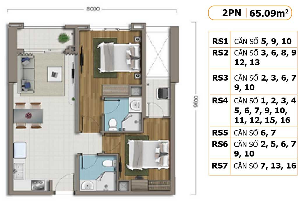 Layout căn hộ 2 phòng ngủ 65m2 dự án Richstar
