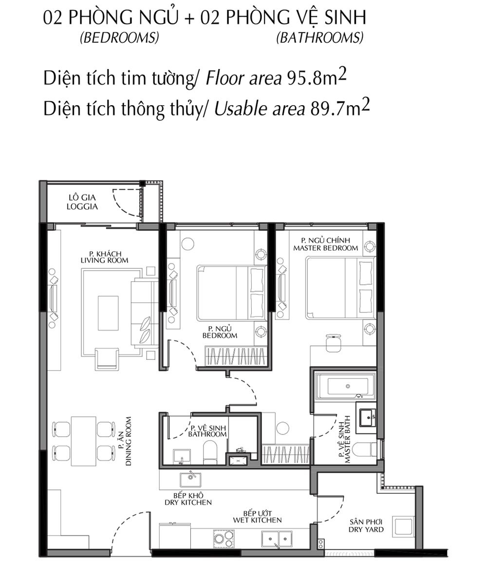 Layout căn hộ 2 phòng ngủ 95.8m²/ Type B1-Aa khu Diamond Brilliant Celadon City