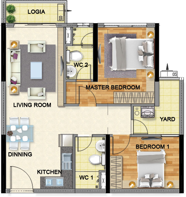Layout căn hộ 2 phòng ngủ 71.2m² phân khu Emerald Celadon City