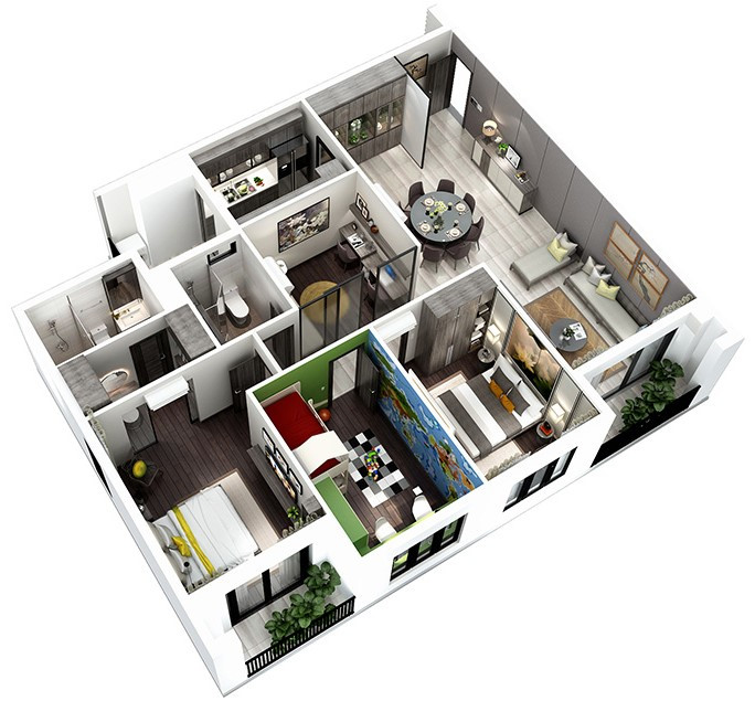 Layout căn hộ 3 phòng ngủ 138m² dự án Hà Đô Centrosa Garden