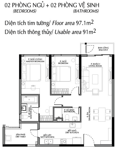 Layout căn hộ 2 phòng ngủ 97.1m²/ Type B1-Ba khu Diamond Brilliant Celadon City