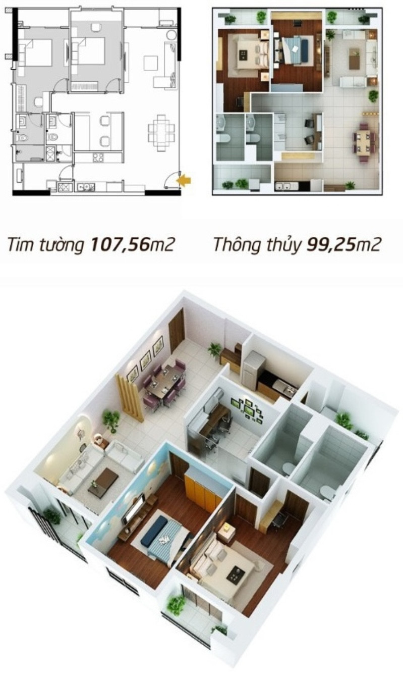 Layout căn hộ 2 phòng ngủ 107m² dự án Hà Đô Centrosa Garden