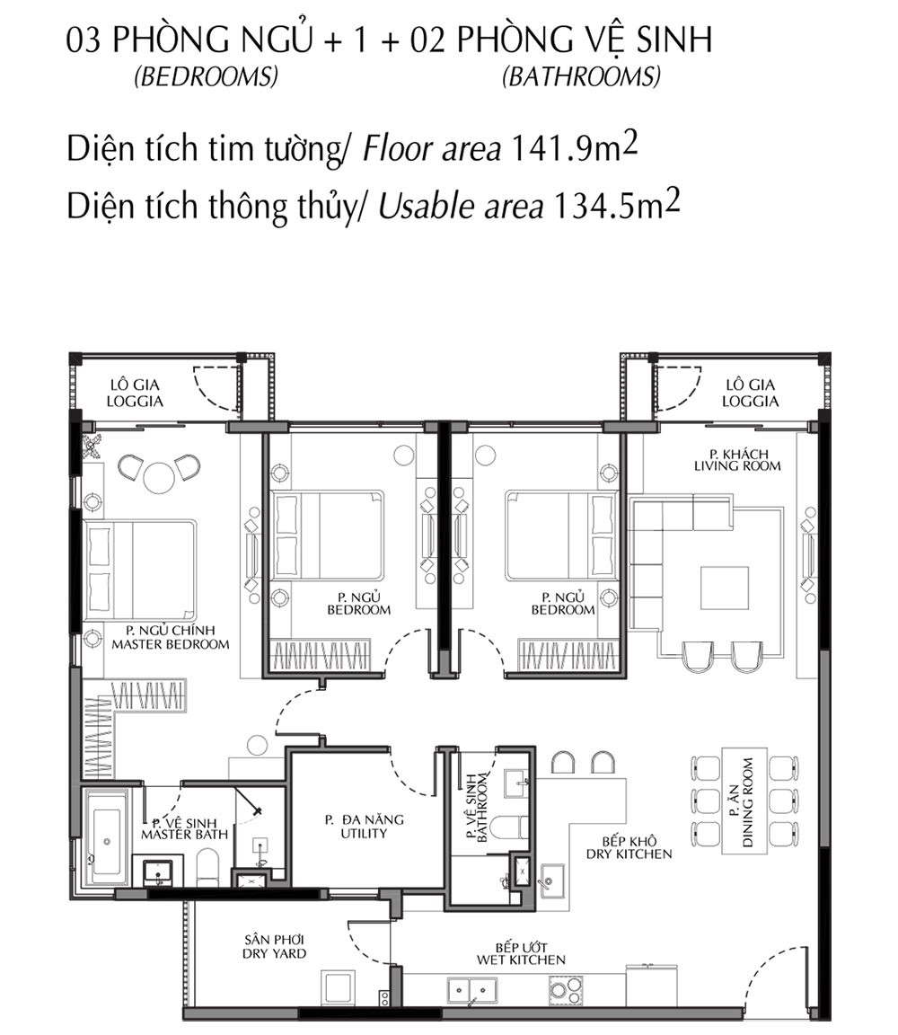 Layout căn hộ 3 phòng ngủ 141.9m²/ Type A2-Bb khu Diamond Brilliant Celadon City