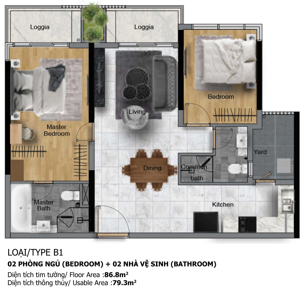 Layout căn hộ 2 phòng ngủ 86.8m² phân khu Diamond Centery Celadon City
