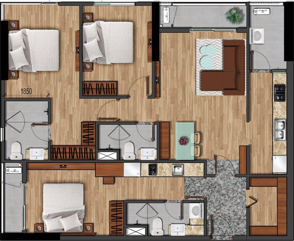 Layout căn hộ 3PN2WC Dual Key diện tích 121,21 m² Akari City Giai đoạn 1