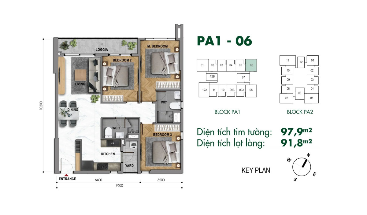 Layout căn hộ PA1.06 - 3PN/2WC, diện tích 97.9m² dự án The Park Avenue Novaland, góc ngã tư đường 3 tháng 2 lê đại hành