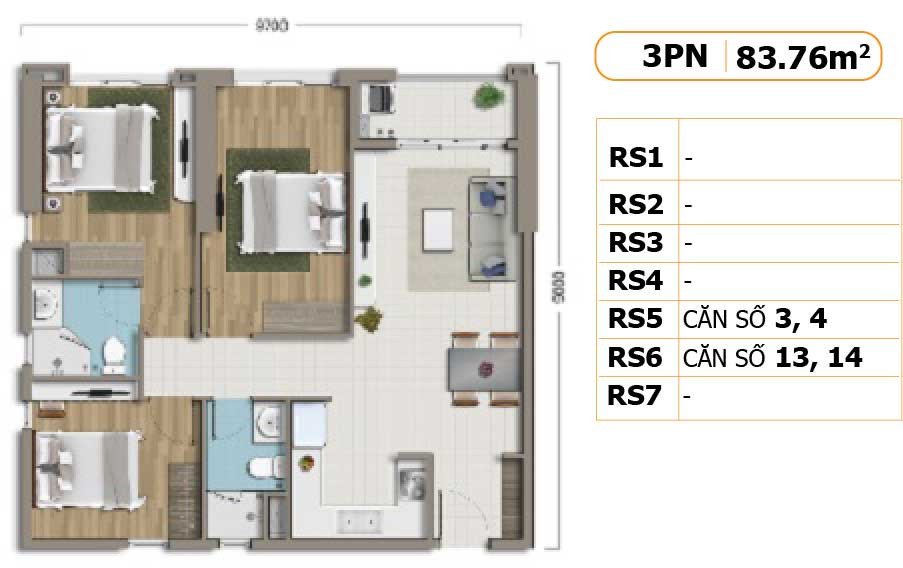 Layout căn hộ 3 phòng ngủ 84m2 dự án Richstar