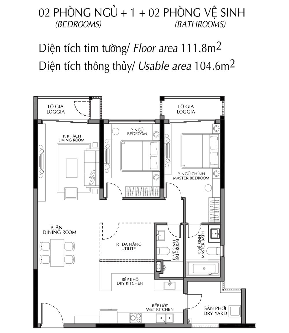 Layout căn hộ 2 phòng ngủ 111.8m²/ Type B2a khu Diamond Brilliant Celadon City