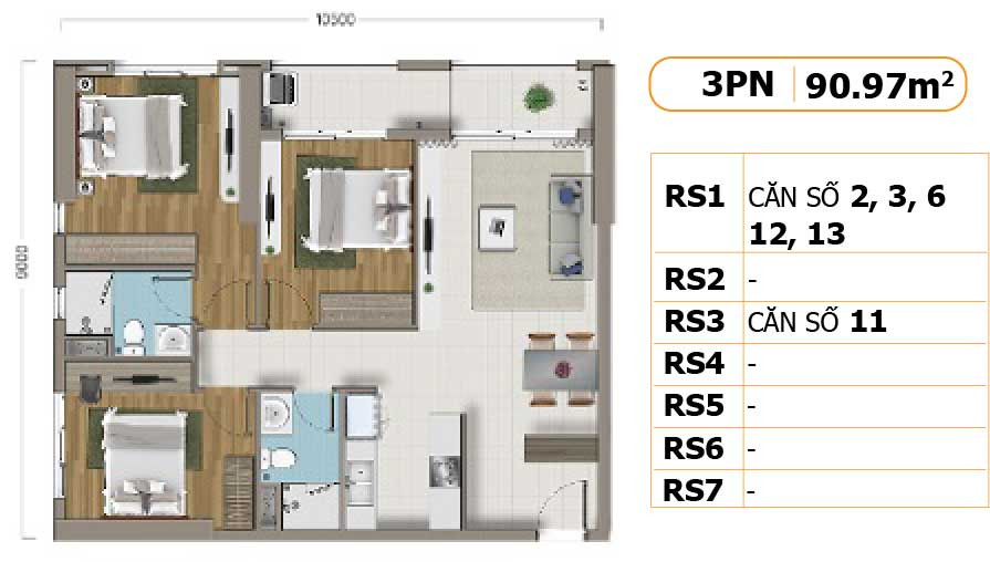 Layout căn hộ 3 phòng ngủ 91m2 dự án Richstar