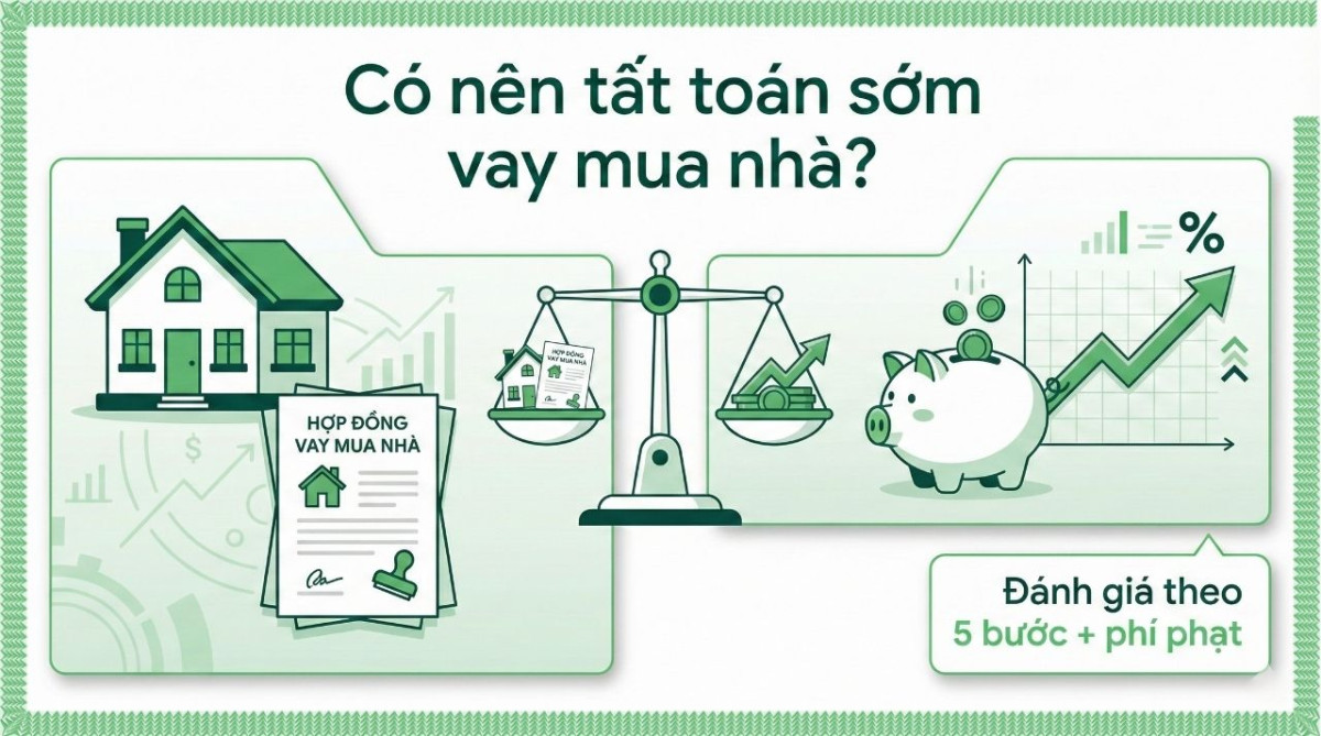 minh hoạ cân nhắc tất toán sớm khoản vay mua nhà giữa trả nợ và giữ tiền để đầu tư/quỹ dự phòng.