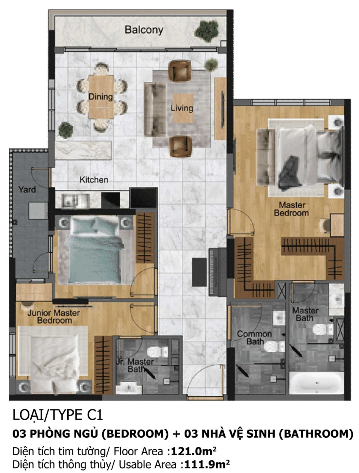 Layout căn hộ 3 phòng ngủ 121m² phân khu Diamond Centery Celadon City