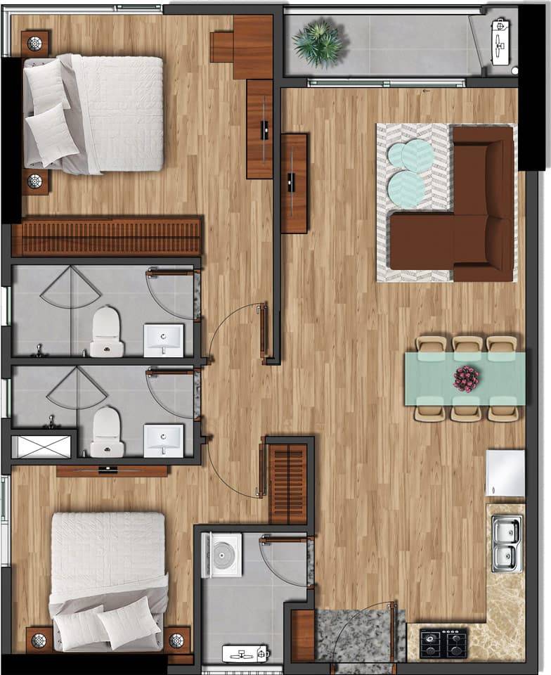 Layout căn hộ 2PN2WC diện tích 79,17 m² Akari City Giai đoạn 1