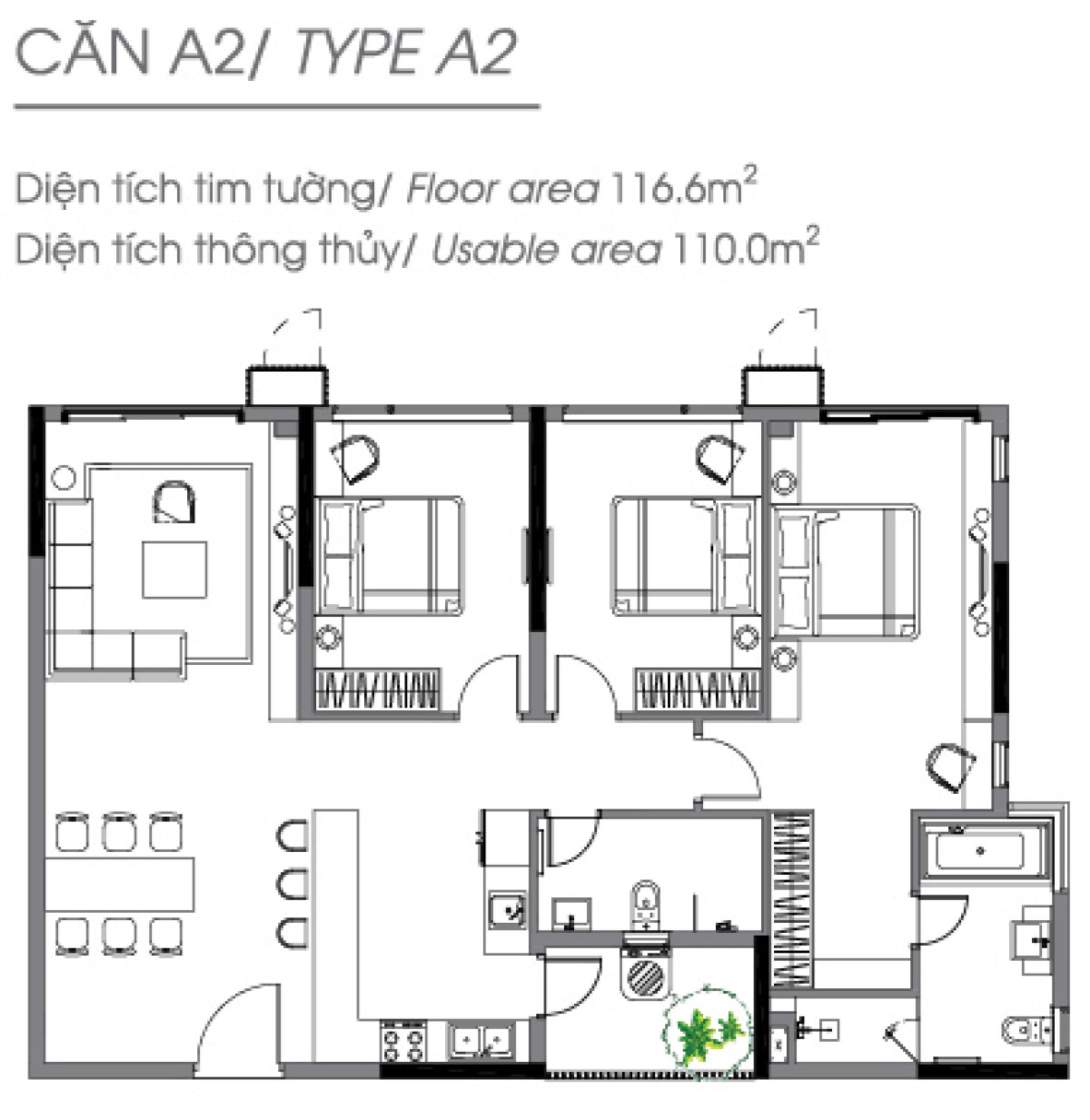 Layout căn hộ 3 phòng ngủ 116.6m² phân khu Diamond Alnata Celadon City