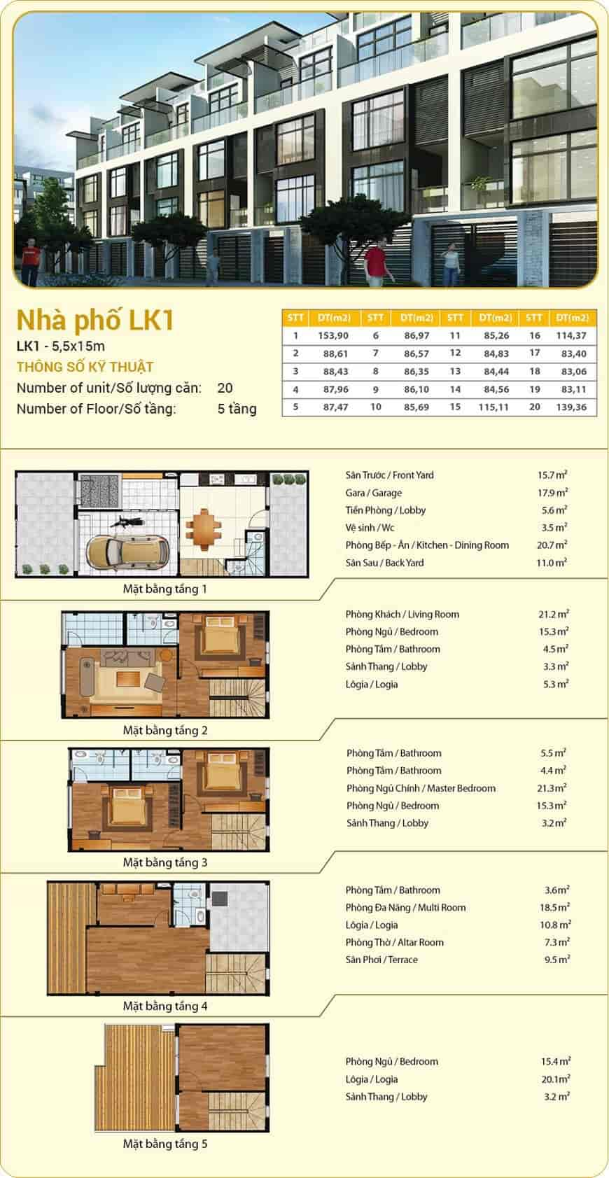 Thông số layout nhà phố Hà Đô Centrosa Garden loại LK1 (5,5x15m)