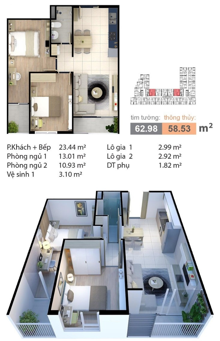 Layout căn hộ B7 - 2PN, diện tích 63m² dự án Carillon 7