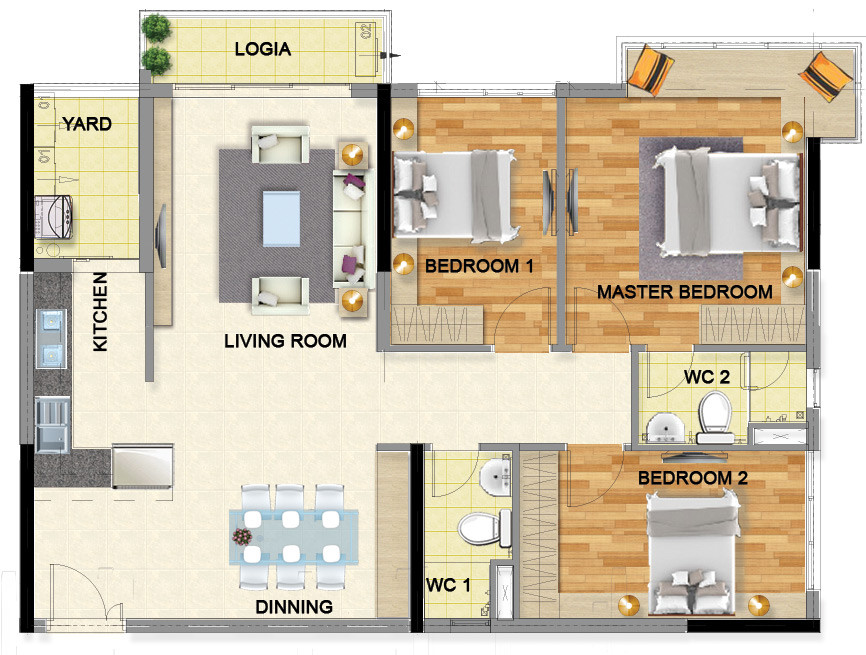 Layout căn hộ 3 phòng ngủ 104.3m² phân khu Emerald Celadon City