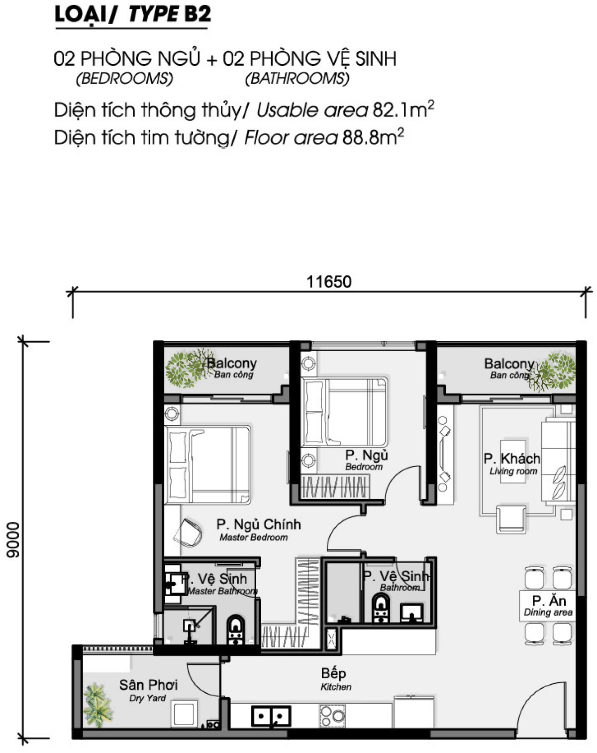 Layout căn hộ 2 phòng ngủ 88.8m² phân khu Diamond Alnata Plus Celadon City