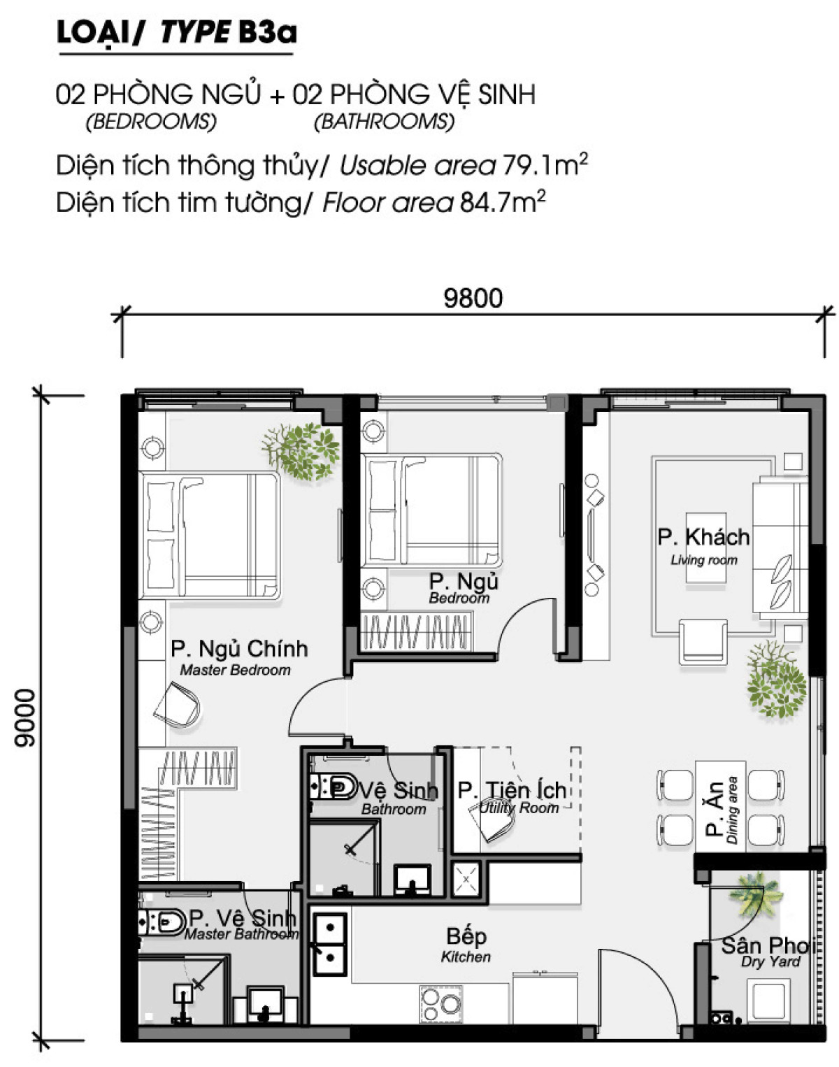 Layout căn hộ 2 phòng ngủ 84.7m² phân khu Diamond Alnata Plus Celadon City