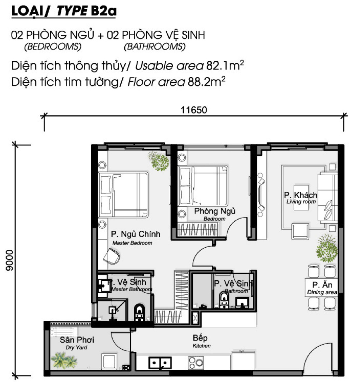 Layout căn hộ 2 phòng ngủ 88.2m² phân khu Diamond Alnata Plus Celadon City
