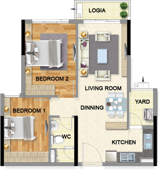 Layout căn hộ 2 phòng ngủ 63.3m² phân khu Emerald Celadon City