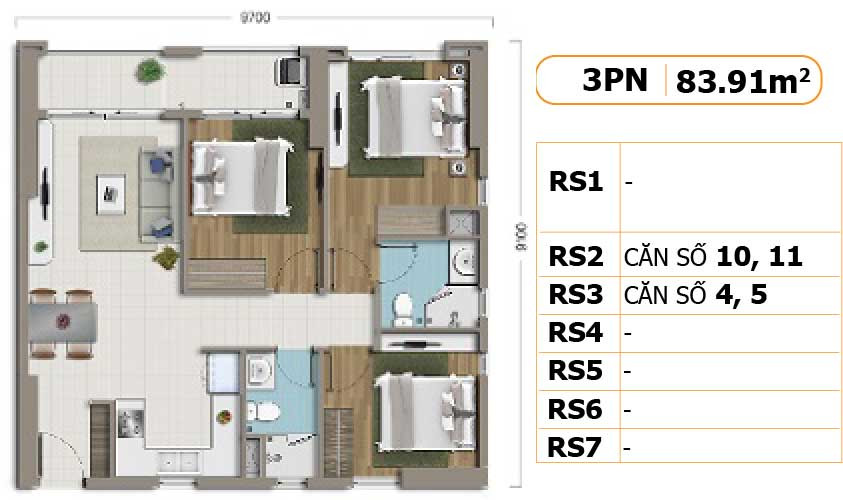 Layout căn hộ 3 phòng ngủ 83.9m2 dự án Richstar