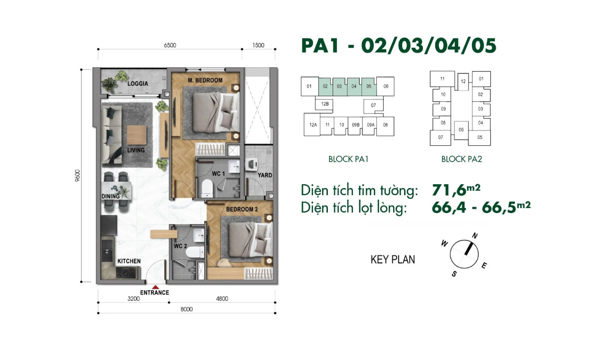 Layout căn hộ PA1.02, PA1.03, PA1.04, PA1.05 - 2PN/2WC, diện tích 71.6m² dự án The Park Avenue Novaland, góc ngã tư đường 3 tháng 2 lê đại hành