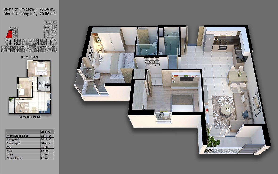 Layout căn hộ B2 - 2PN, diện tích 77m² dự án Carillon 7