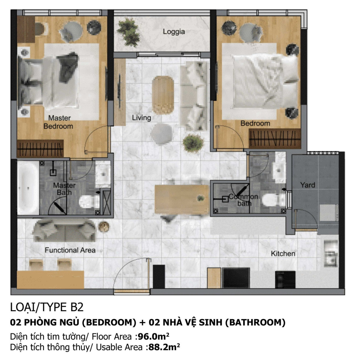 Layout căn hộ 2 phòng ngủ 96m² phân khu Diamond Centery Celadon City