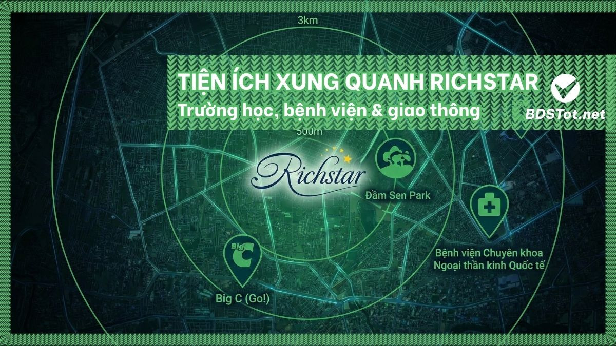 Bản đồ tiện ích xung quanh Richstar Tân Phú: trường học, bệnh viện, chợ Hiệp Tân, Aeon Mall và Công viên Đầm Sen trong bán kính 3km